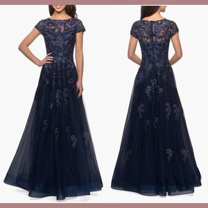 NWT‎ $619 La Femme [ 8 ] Embellished Mesh A-Line Ball Gown 26907 in Navy #J1378